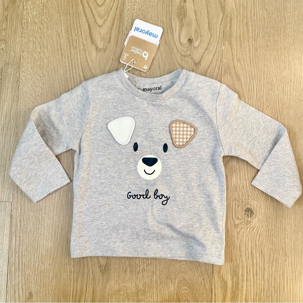 Mayoral Good Boy Gray Long Sleeve Tee Puppy Dog embroidered Ears 12M
